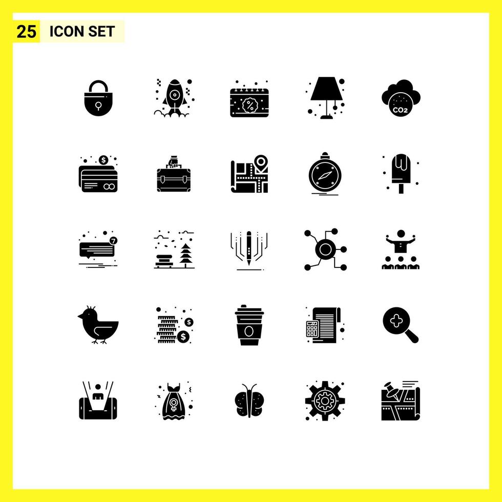 Universal Icon Symbols Group of 25 Modern Solid Glyphs of carbone dioxide lighting home calendar light floor Editable Vector Design Elements