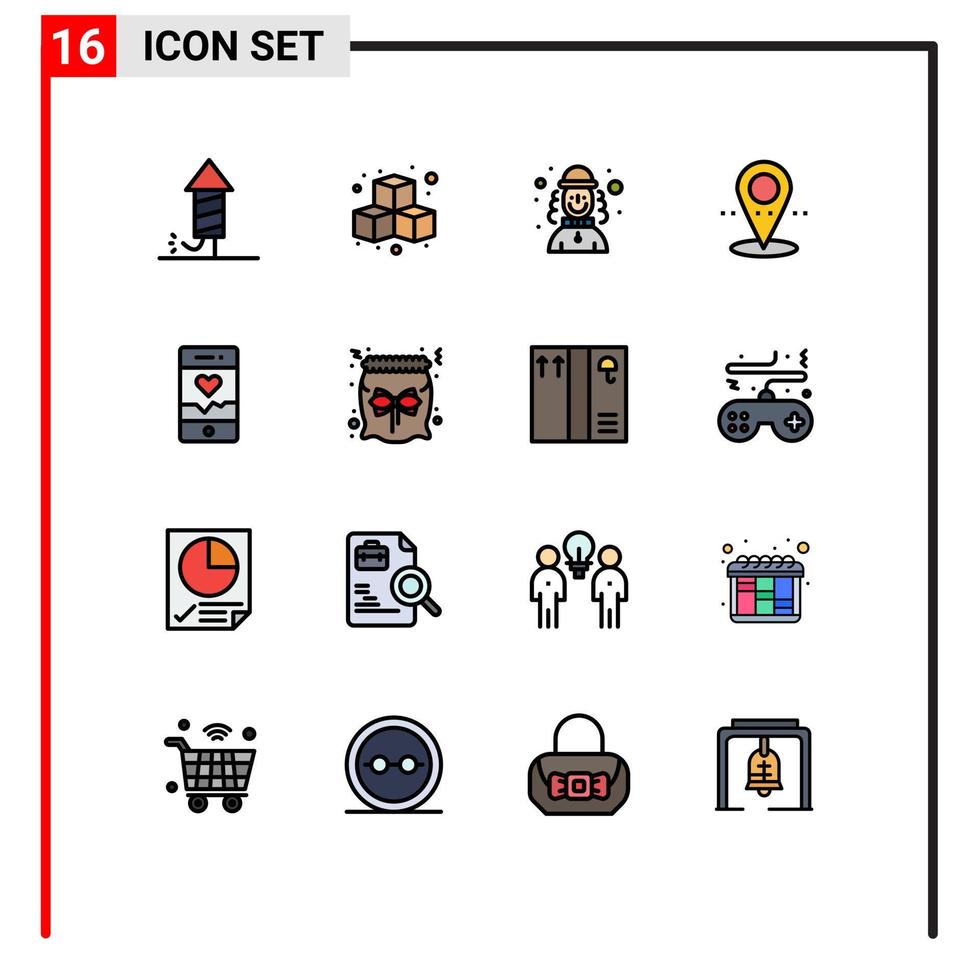 16 Universal Flat Color Filled Lines Set for Web and Mobile Applications smartphone analysis harlequin point location Editable Creative Vector Design Elements