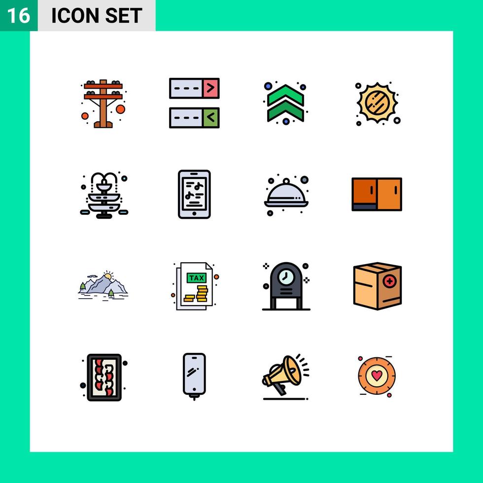 Modern Set of 16 Flat Color Filled Lines Pictograph of multimedia park up water weather Editable Creative Vector Design Elements