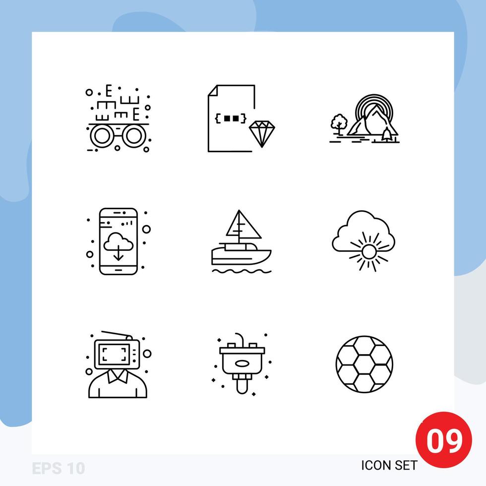 Set of 9 Vector Outlines on Grid for ship cloud mountain app download rainbow Editable Vector Design Elements