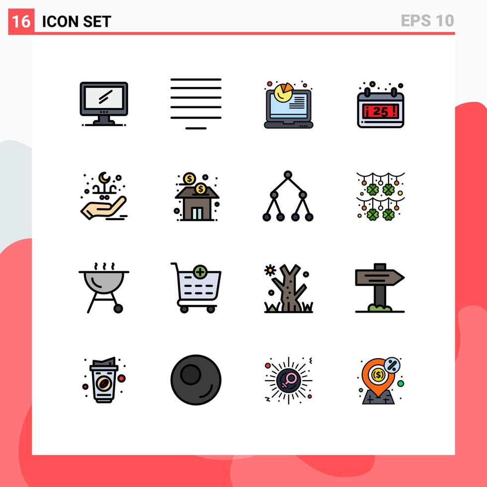 paquete de 16 líneas llenas de colores planos modernos, signos y símbolos para medios de impresión web, como el calendario de fecha de análisis eid manual, elementos de diseño de vectores creativos editables