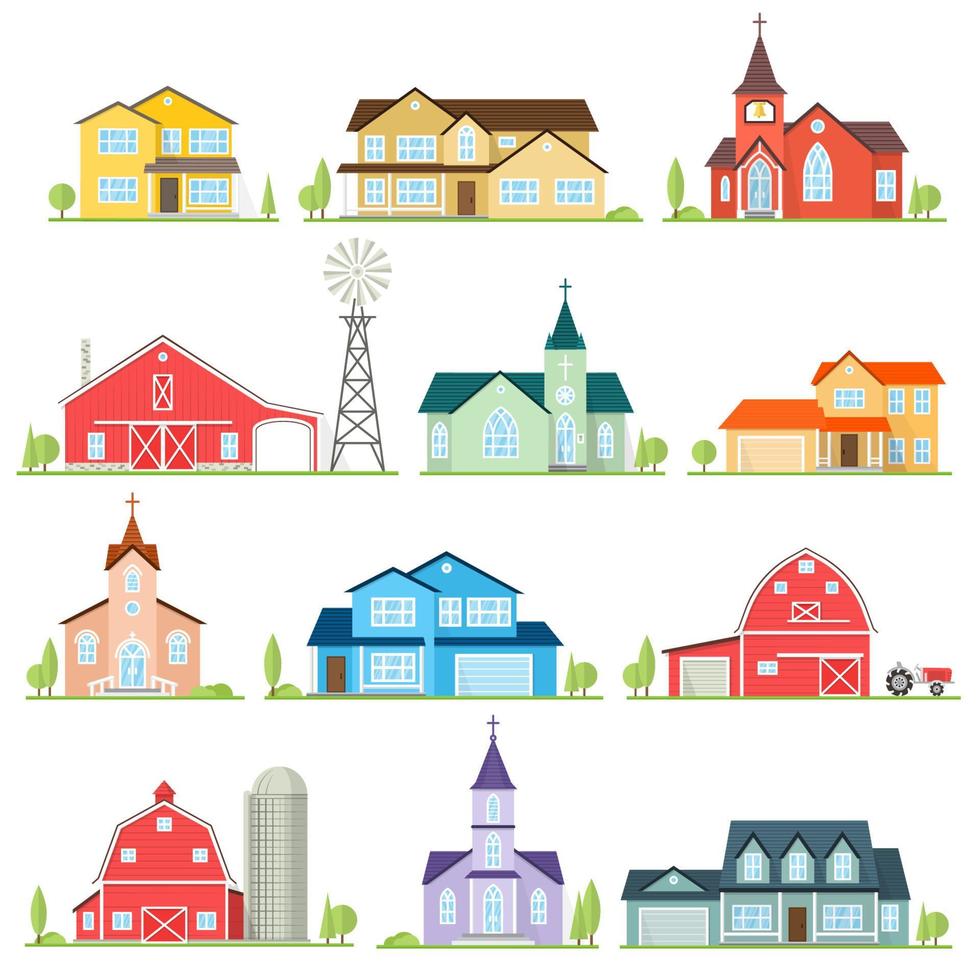 conjunto de casas americanas suburbanas de icono plano vectorial. vector