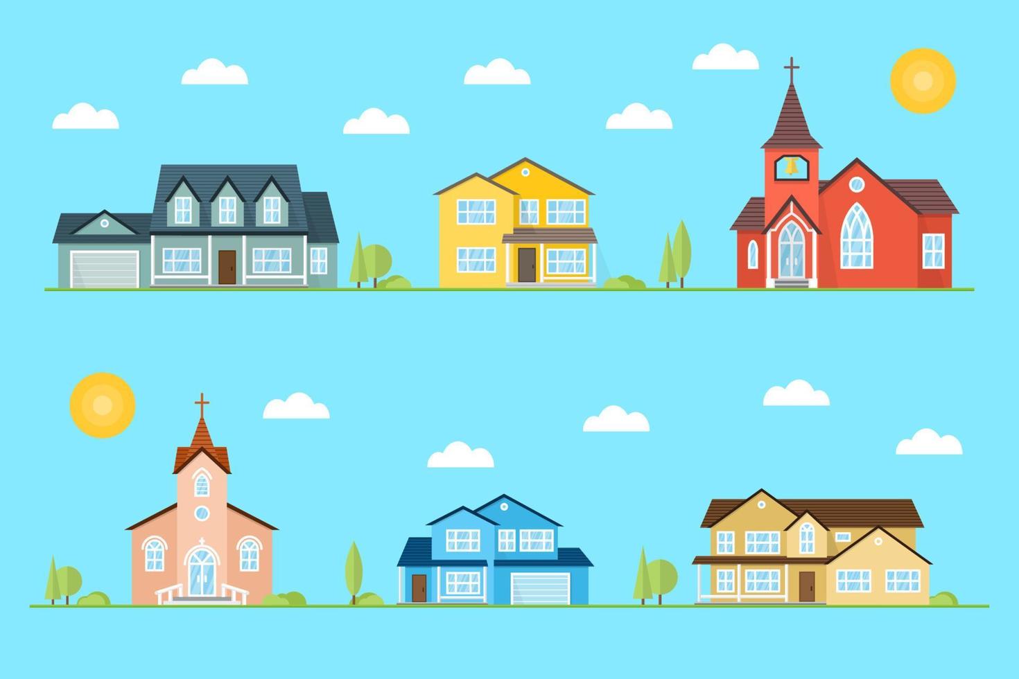 Neighborhood with homes and churches illustrated on the blue background. vector