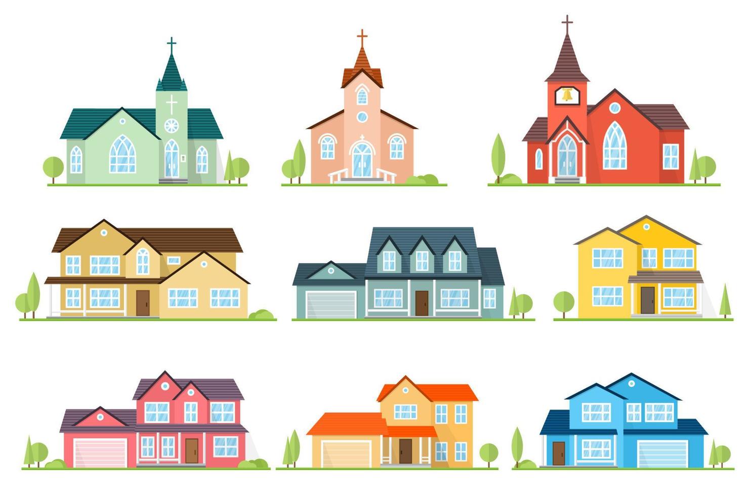 conjunto de casas e iglesias americanas suburbanas de icono plano. vector