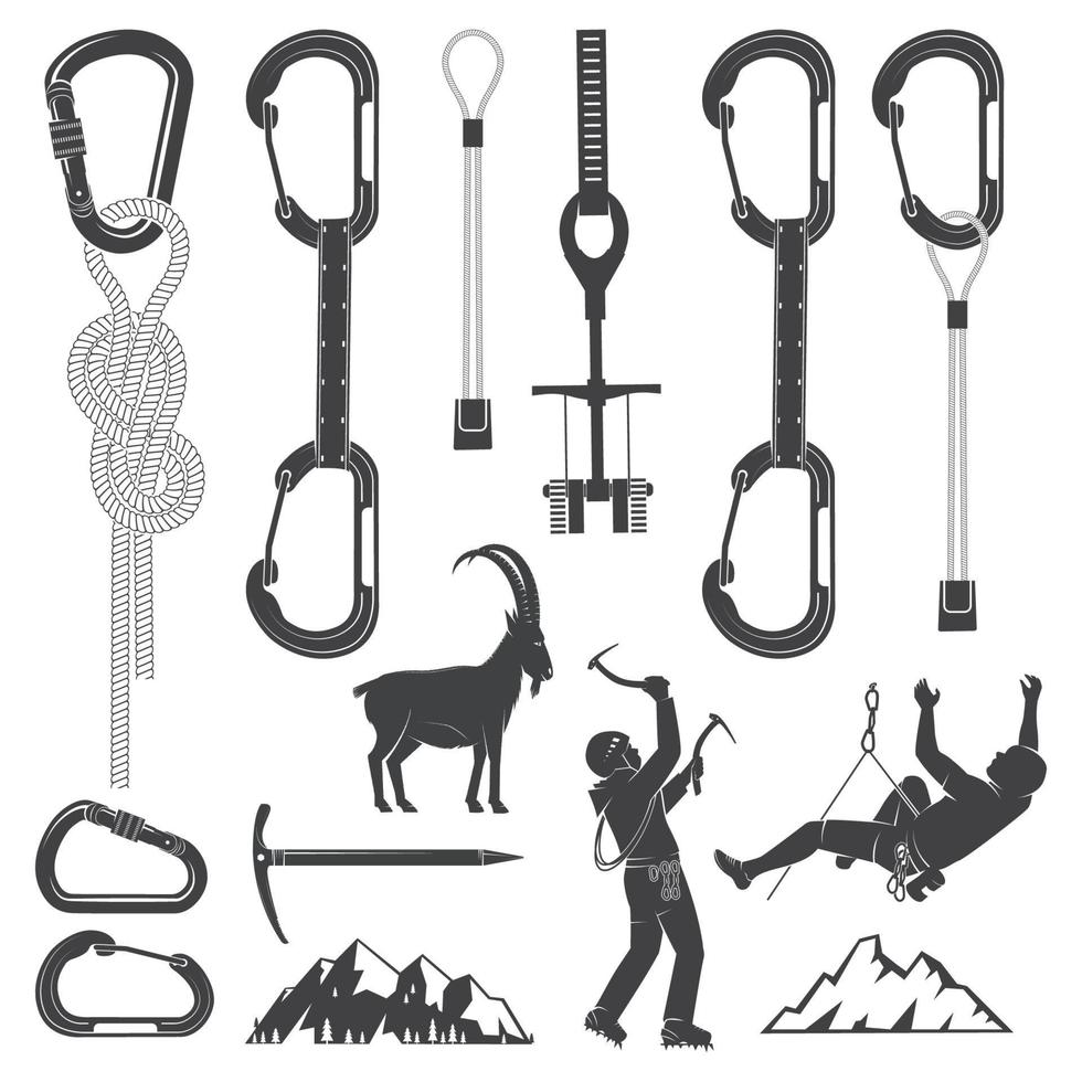 Set of Alpine Climbing Equipment silhouette icons. vector