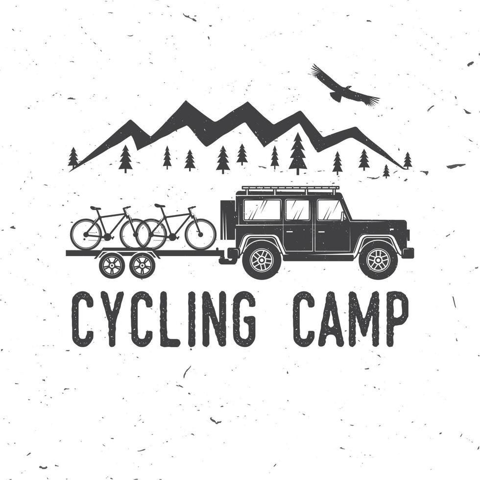 Vintage typography design with car and trailer, mountain bikes and mountain silhouette. vector
