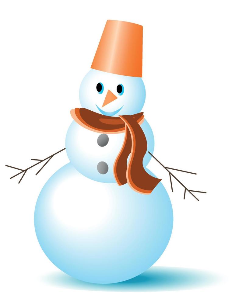 charming snowman on a white background in a scarf and with a bucket on his head. vector