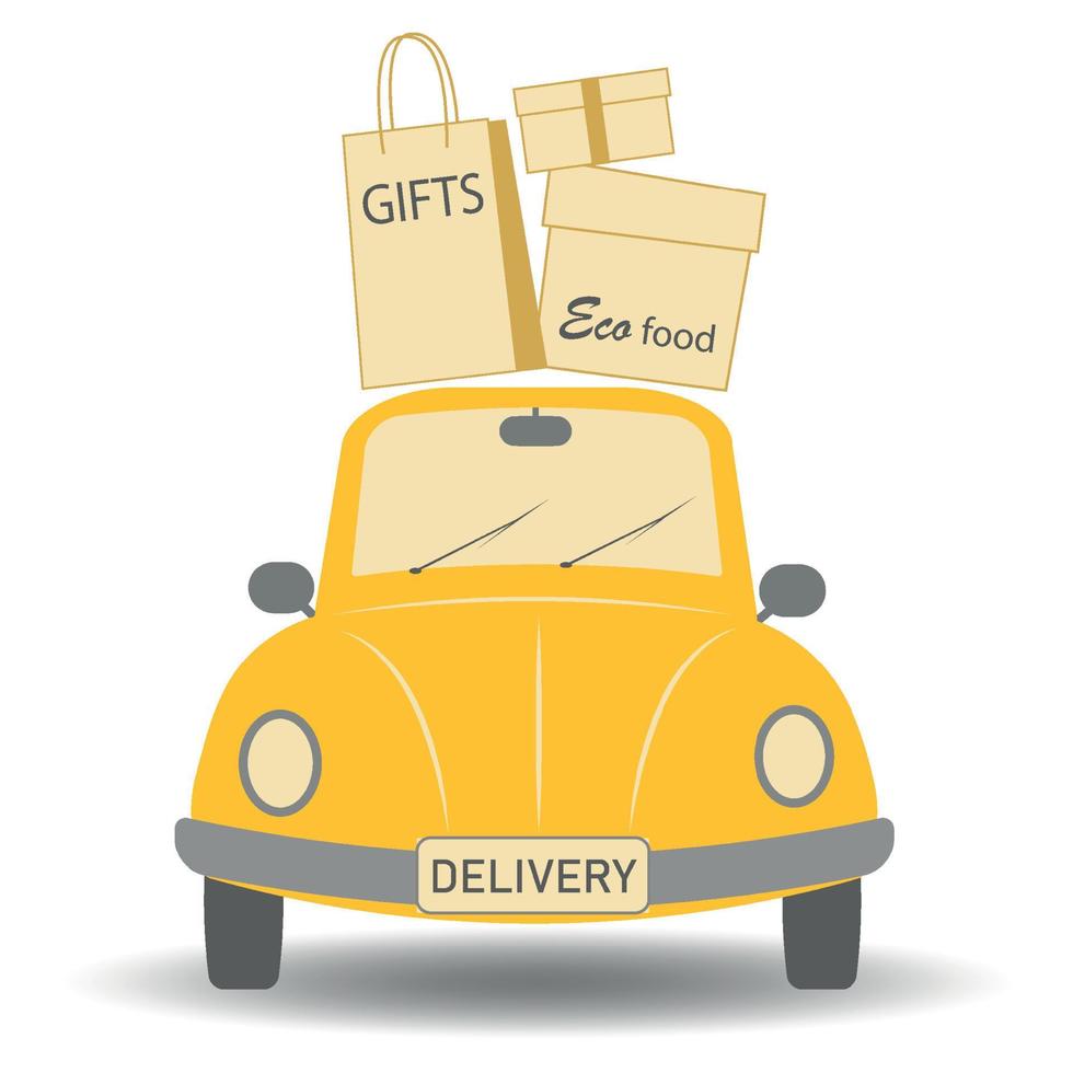 Yellow retro car with boxes and packages of goods on the roof. Home delivery concept, food delivery, gift delivery, online shopping, online orders vector