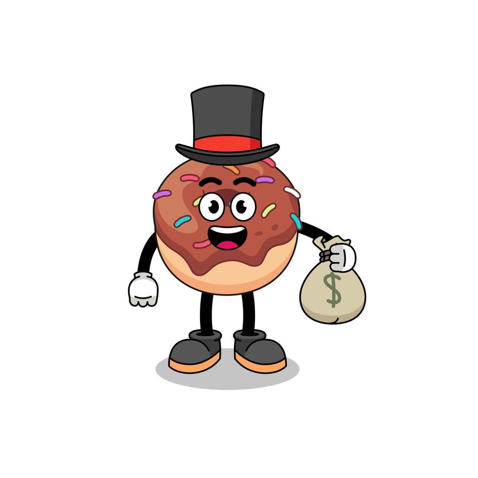 donuts mascot illustration rich man holding a money sack vector