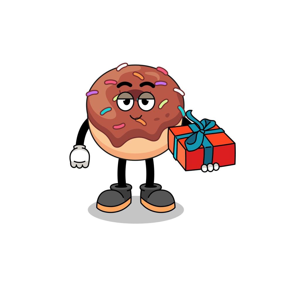 donuts mascota ilustración dando un regalo vector