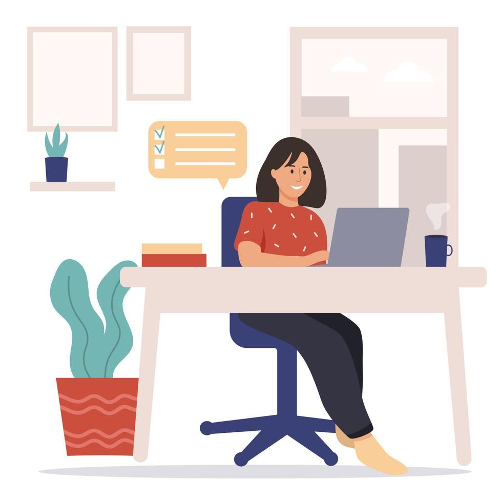 chica con laptop sentada en la silla. concepto de trabajo o estudio independiente, remoto. linda ilustración en estilo plano. vector