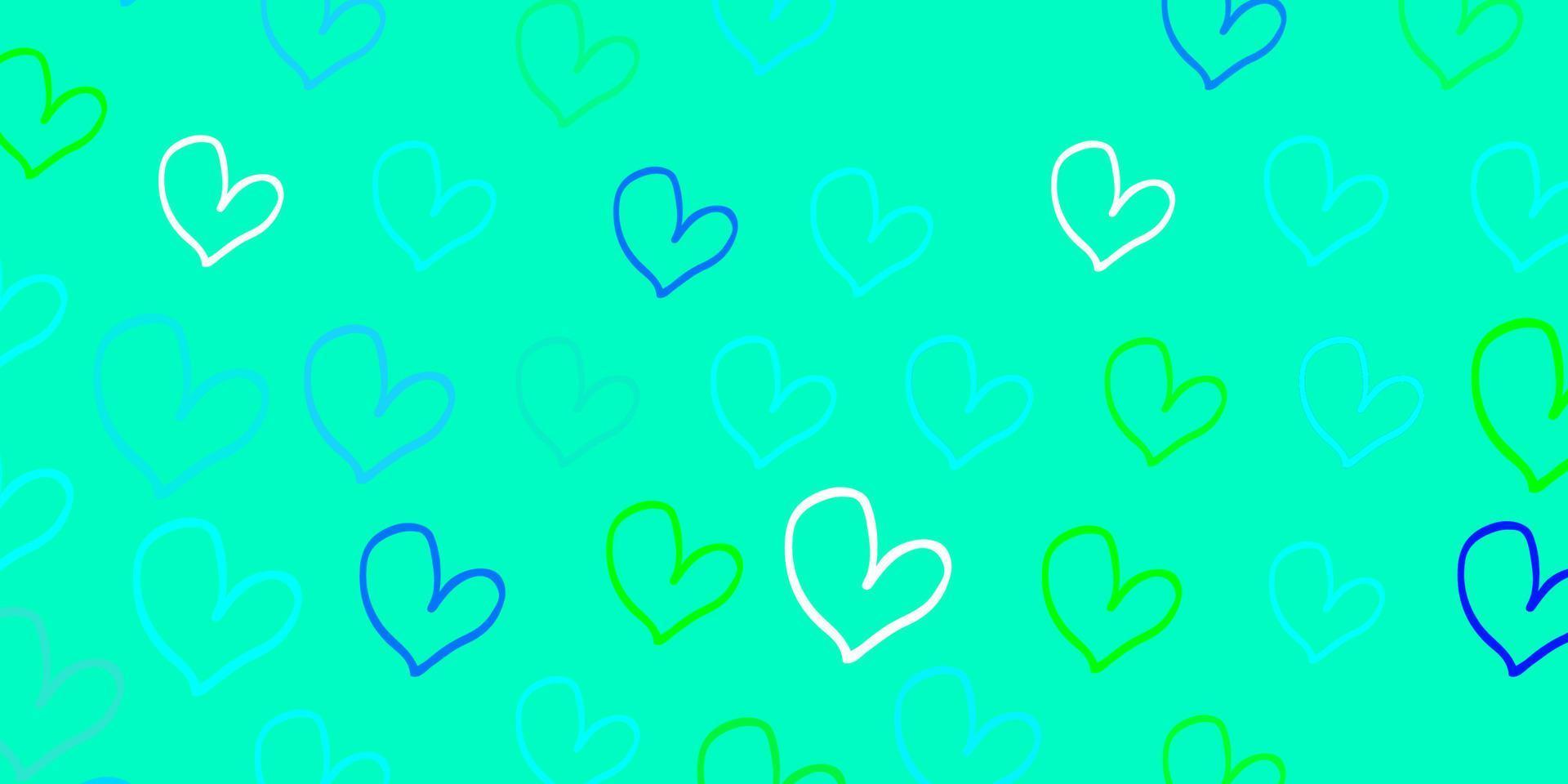 Telón de fondo de vector azul claro, verde con corazones dulces.