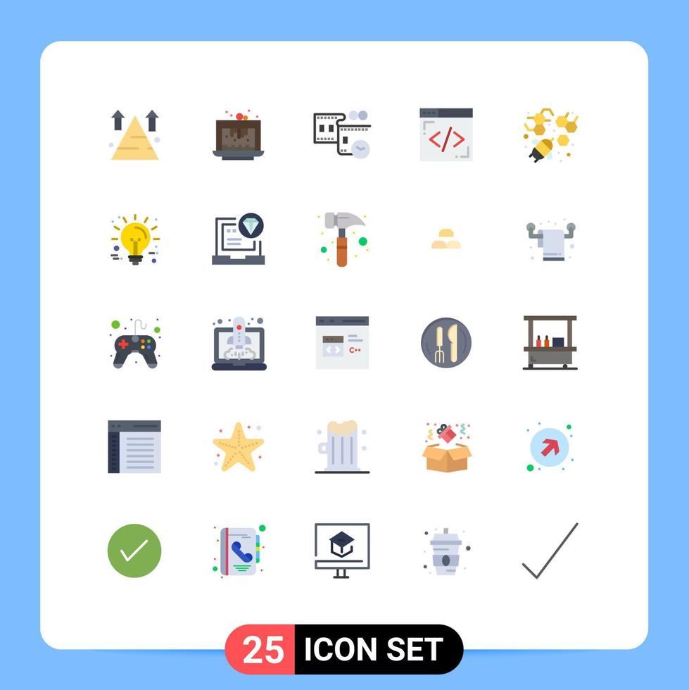 Set of 25 Modern UI Icons Symbols Signs for bee internet cake coding movie reel Editable Vector Design Elements