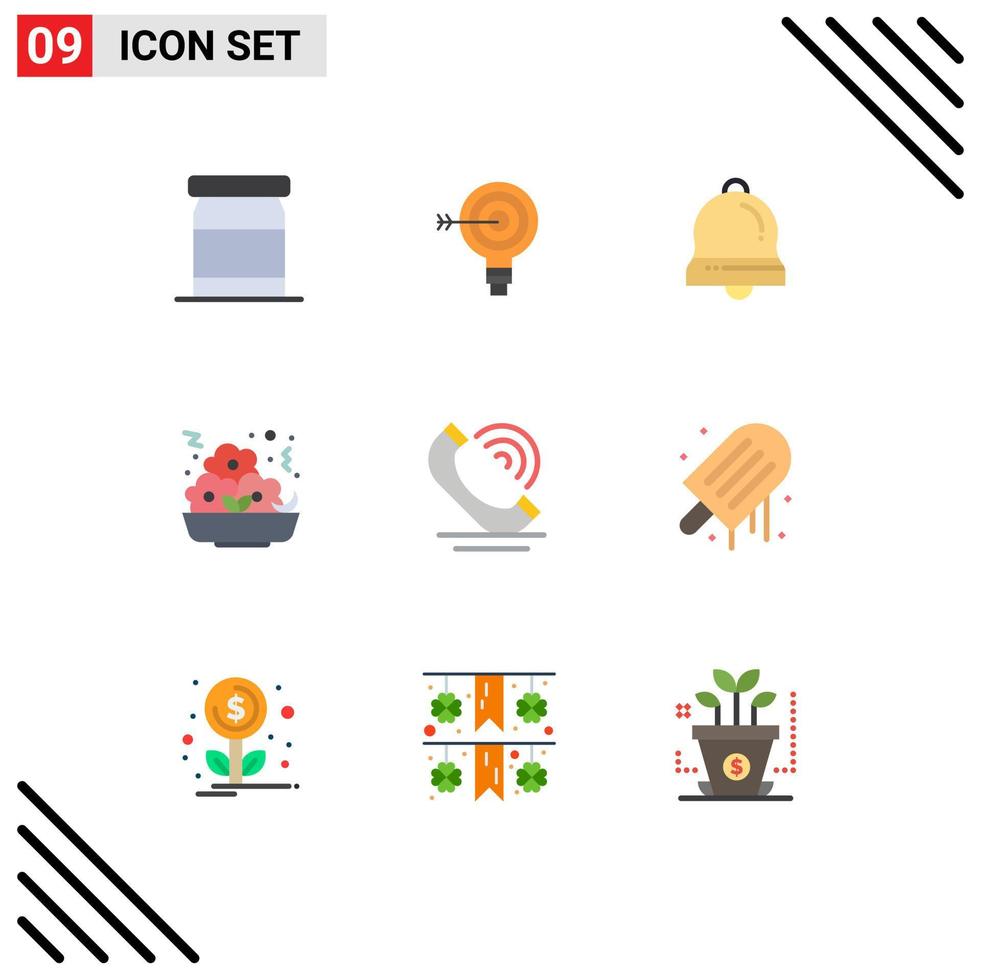 Mobile Interface Flat Color Set of 9 Pictograms of call meal idea food christmas bell Editable Vector Design Elements