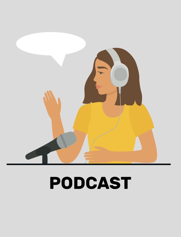 podcast app on smartphone, podcaster speaks into microphone or audiobook. Radio Dj, blogging. A girl reads the news, speaks into a microphone an online show vector
