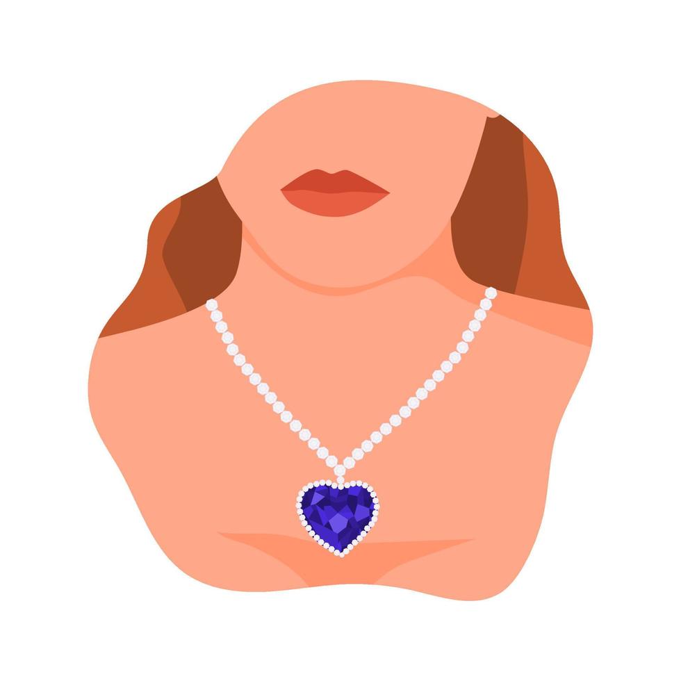 joven dama elegante que usa joyas de collar de diamantes masivas con estilo sobre fondo blanco. corazón de la ilustración de vector de collar de océano