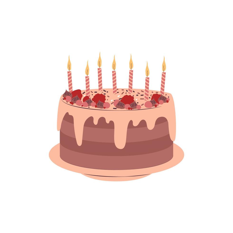 pastel de chocolate feliz cumpleaños decorado con bayas y velas. postre festivo con glaseado de chocolate. ilustración vectorial aislada en el fondo blanco vector