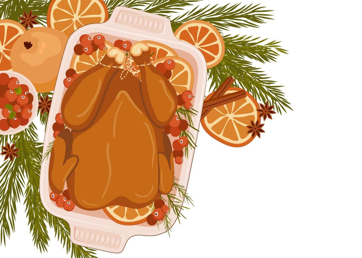 Christmas dishes. Roasted chicken or grilled turkey with cranberries, orange and rosemary isolated on white background. Christmas food concept. Vector illustration