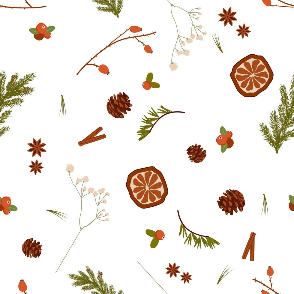 Seamless nature background with tree branches, badjan, dried orange, cinnamon, cranberry, rosehip. Christmas floral pattern. Winter holiday repeating print for wrapping and fabric. Vector illustration