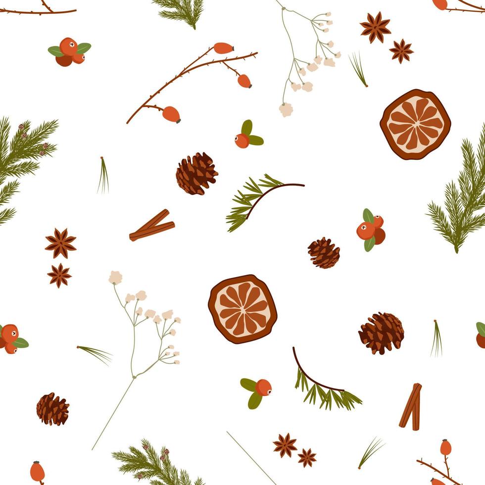 fondo de naturaleza transparente con ramas de árboles, badjan, naranja seca, canela, arándano, rosa mosqueta. estampado de flores de navidad. impresión repetitiva de vacaciones de invierno para envolver y tela. ilustración vectorial vector