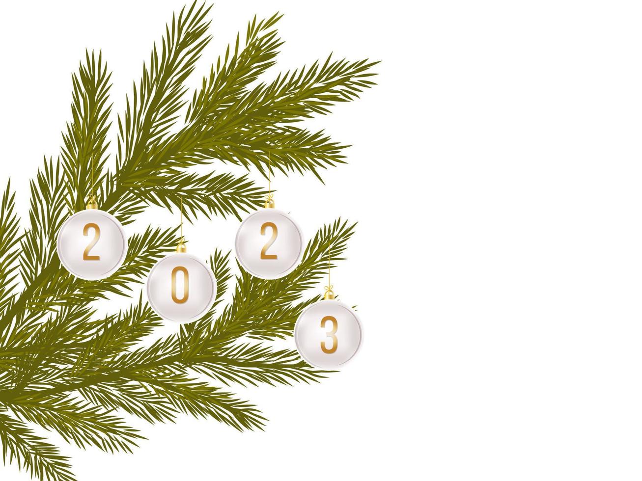 Christmas balls on the Christmas tree with the numbers 2023. Winter holidays. New year postcard. Vector illustration isolated on white