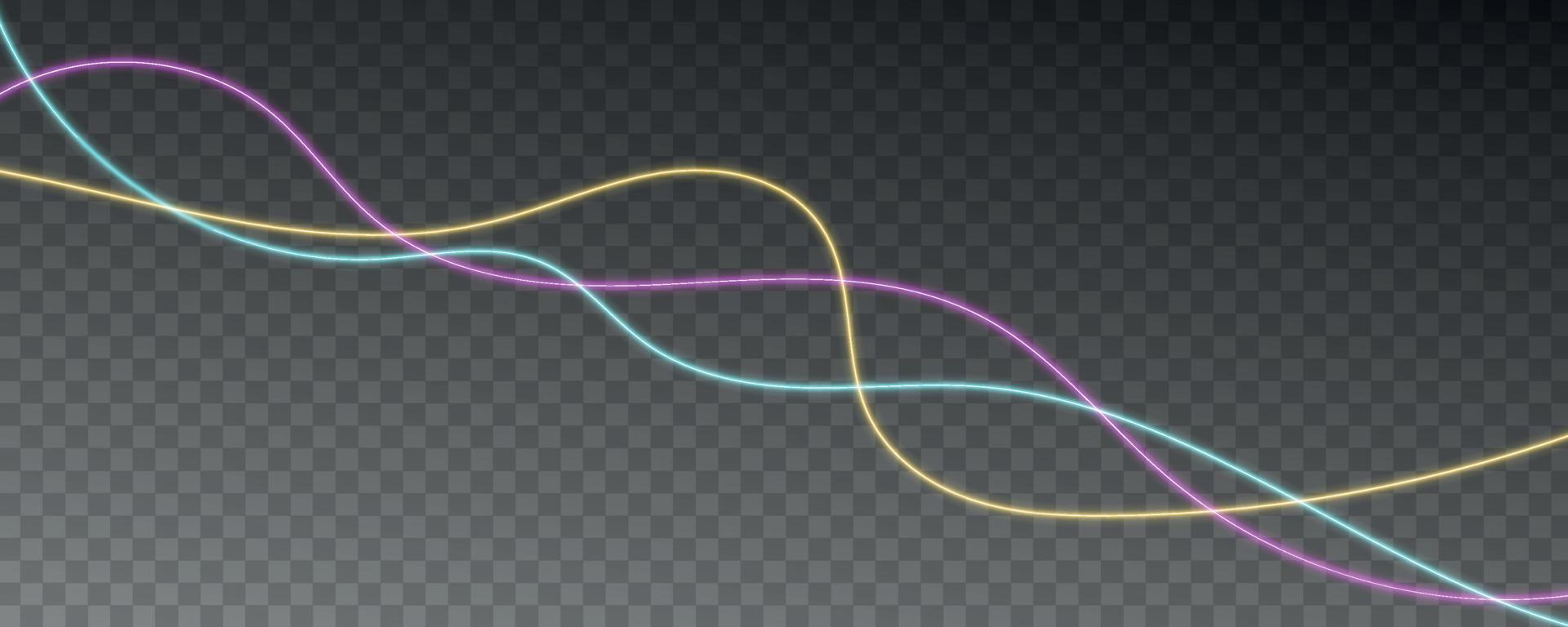 Neon glowing curve lines, electric light effect isolated on transparent background. vector