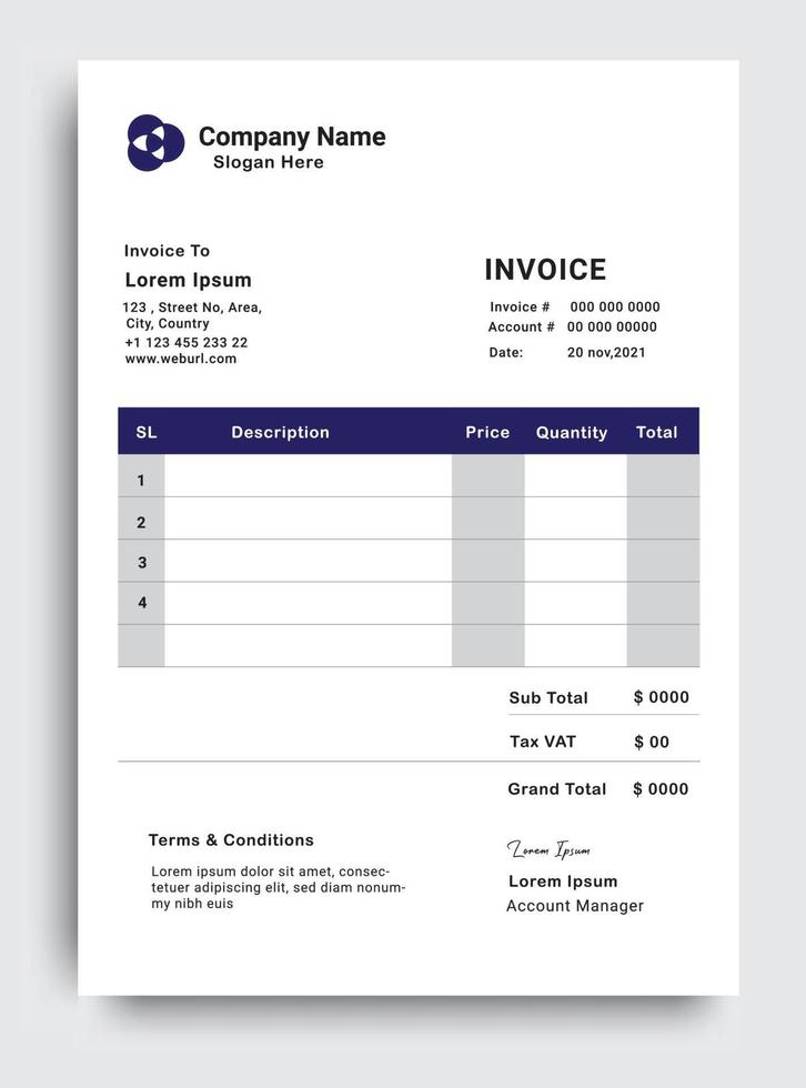 minimal blue white invoice template vector design