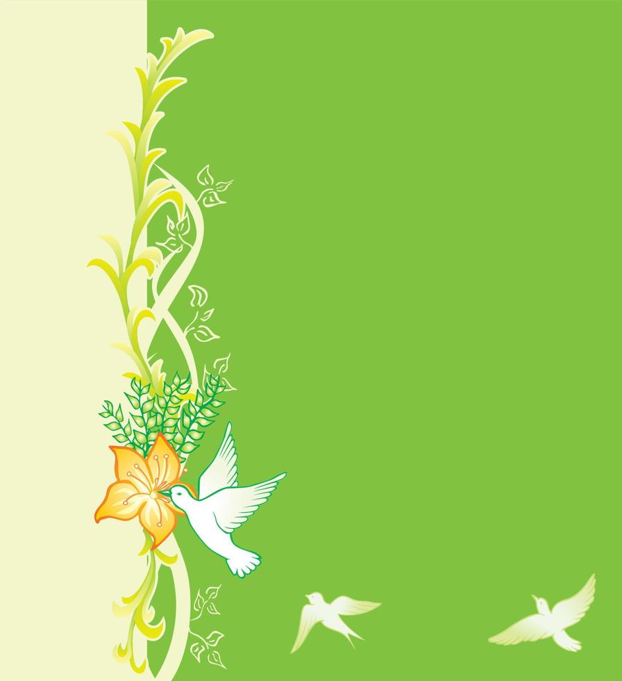 fondo verde con motivos florales y pájaros vector