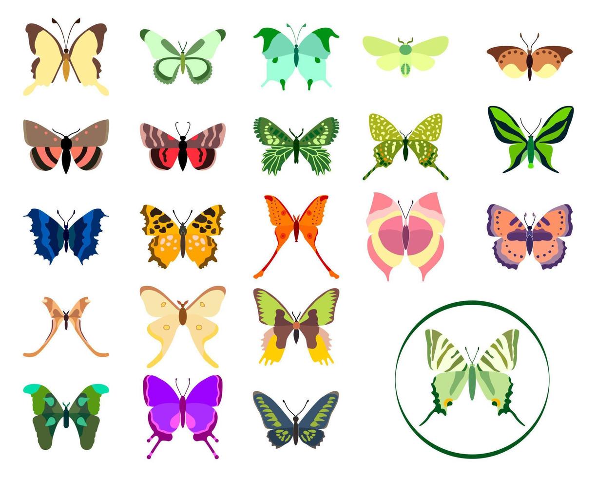 gran conjunto de vectores, colección de mariposas sobre un fondo blanco. conjunto de iconos de dibujos animados aislados, insecto decorativo. vector