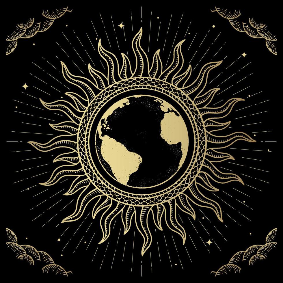 Earth golden hand drawn with shining sun vector