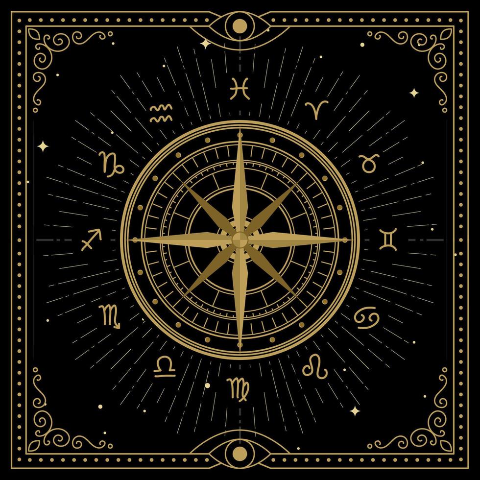 Golden luxury compass of fortune with zodiac signs vector