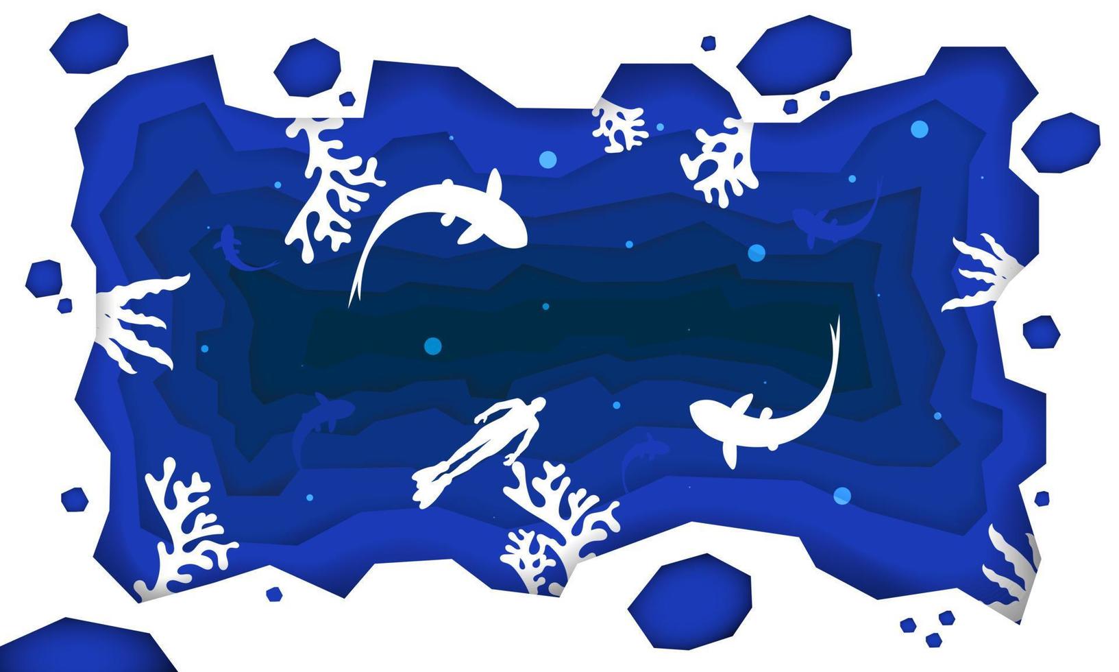 abstract background paper cut under the sea, Under the sea, where the fish live and the surrounding coral reefs, scuba divers swim. Under the ocean, there is a wide variety of creatures vector