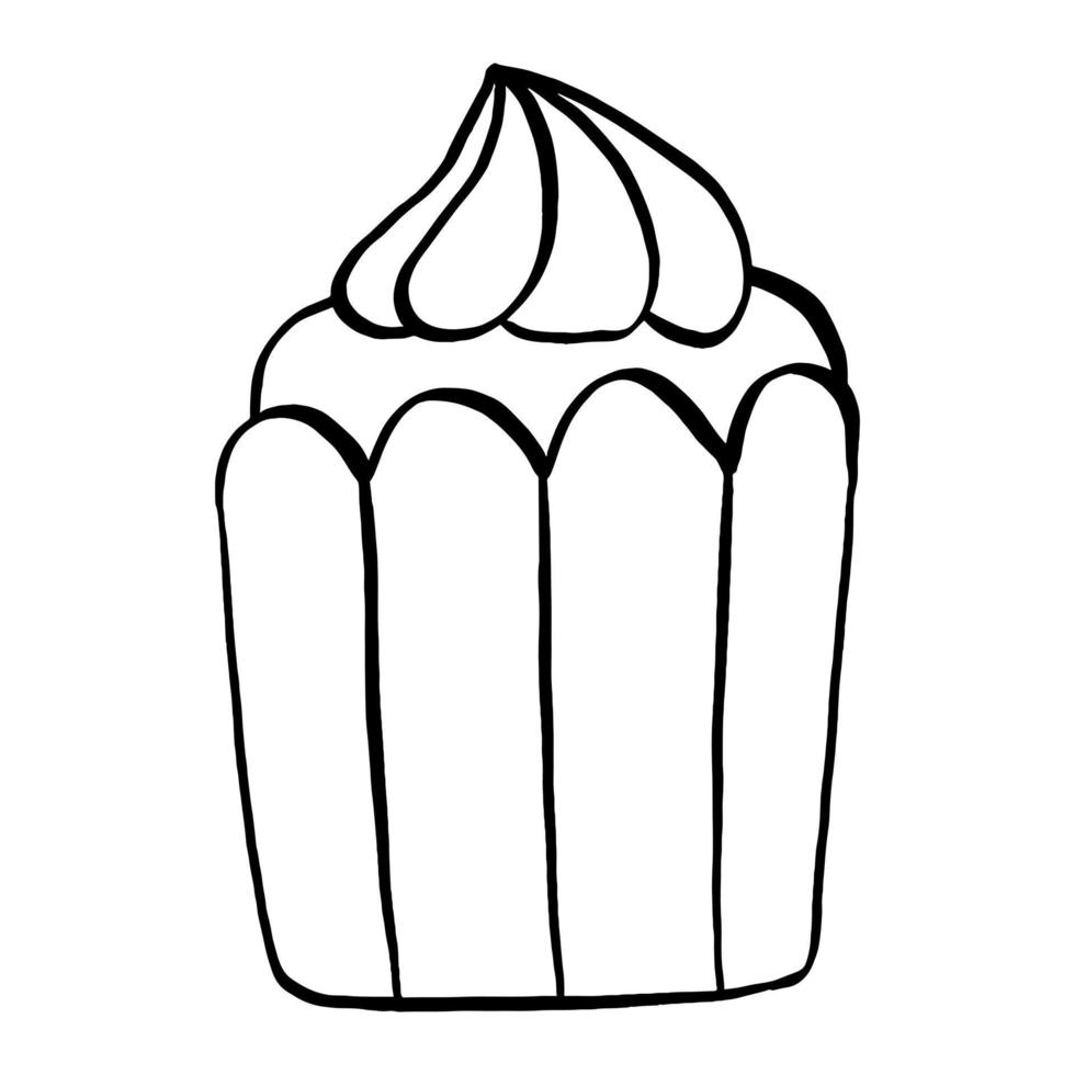 Black line cupcakes on white background. Hand drawn cartoon style. Doodle for coloring, decoration or any design. Vector illustration of kid art.