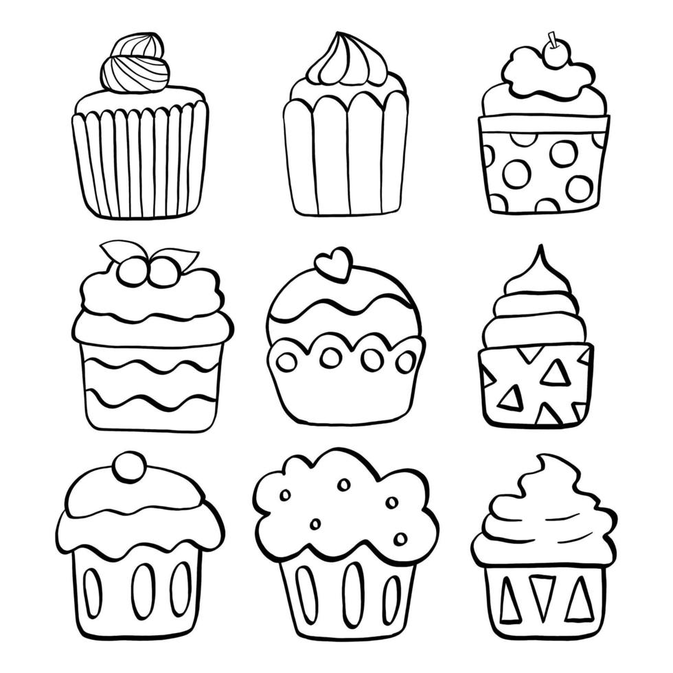 Black line set of nine cupcakes on white background. Hand drawn cartoon style. Doodle for coloring, decoration or any design. Vector illustration of kid art.