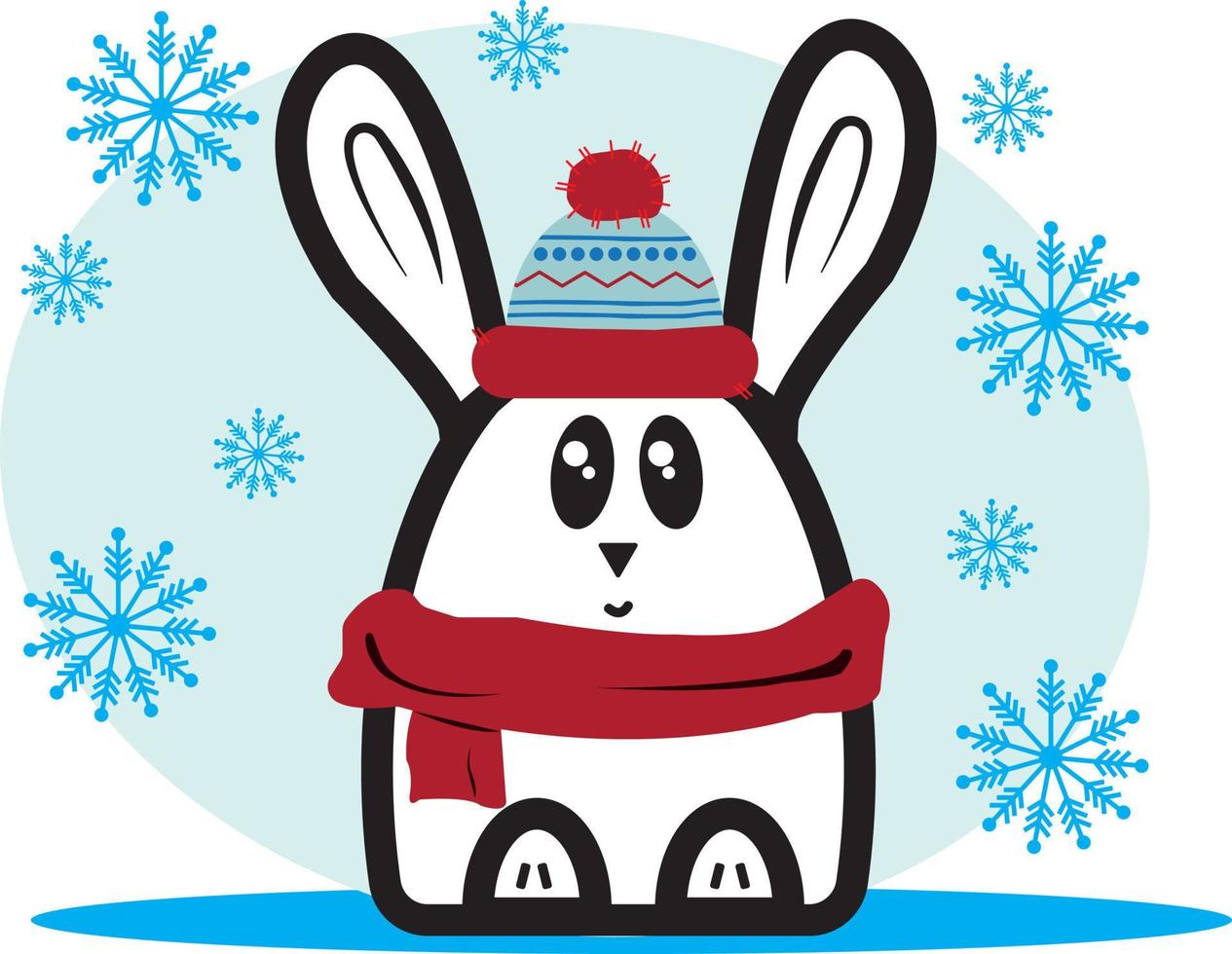 Cool cute bunny in winter hat and red scarf surrounded by snowflakes, in a cartoon style kawaii. Vector character bunny for kids. Symbol of the new year 2023