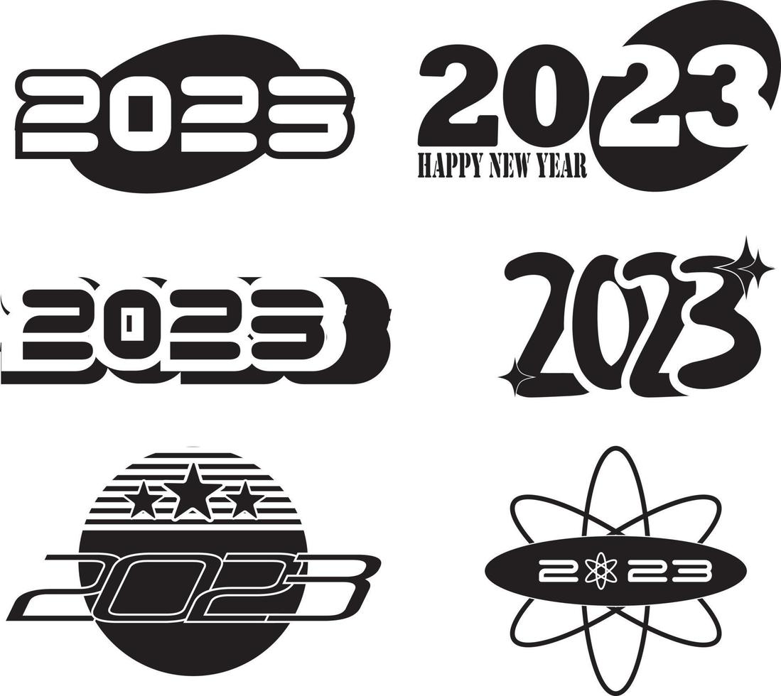 Big Set of 2023 Happy New Year. Logo text design. 2023 number design template. New Year y2k symbols. vector