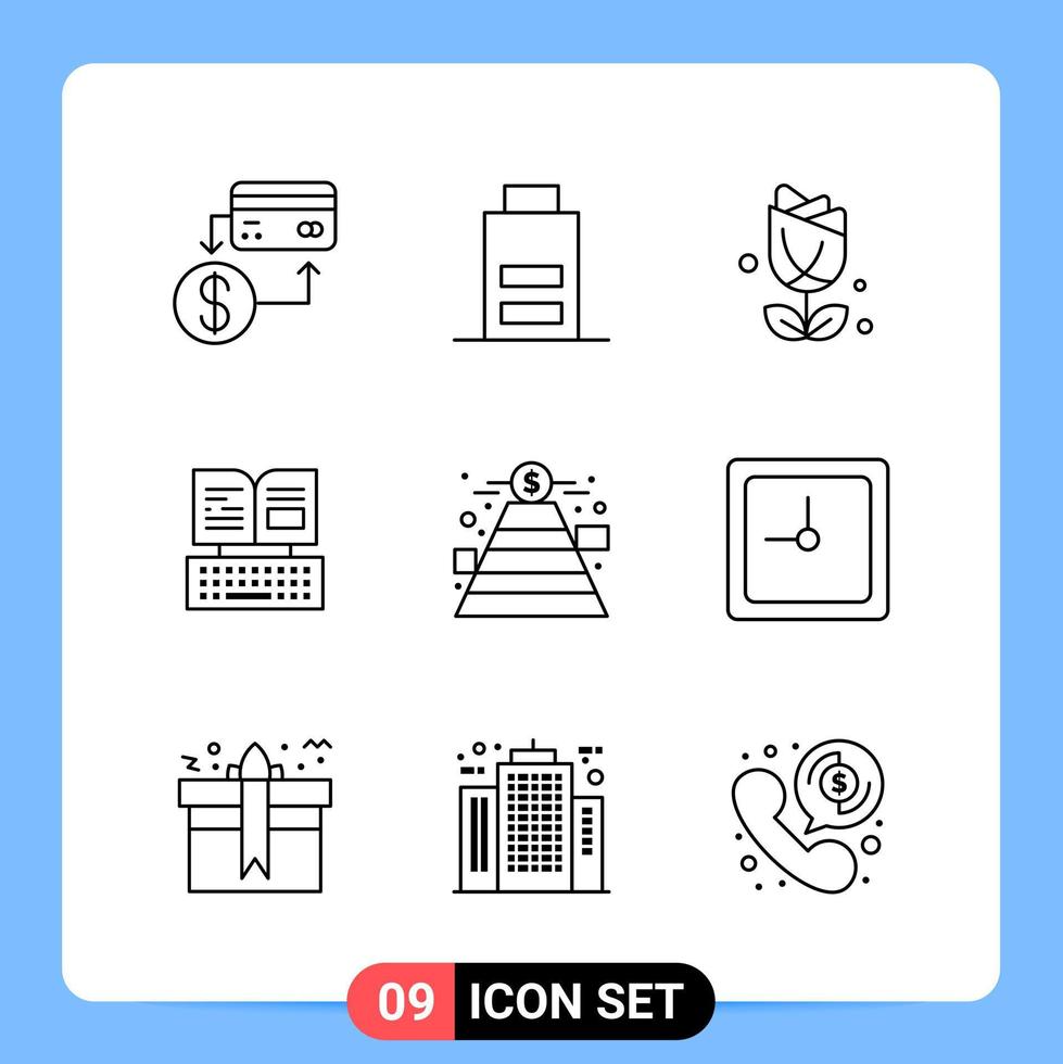 9 Line Black Icon Pack Outline Symbols for Mobile Apps isolated on white background. 9 Icons Set. vector