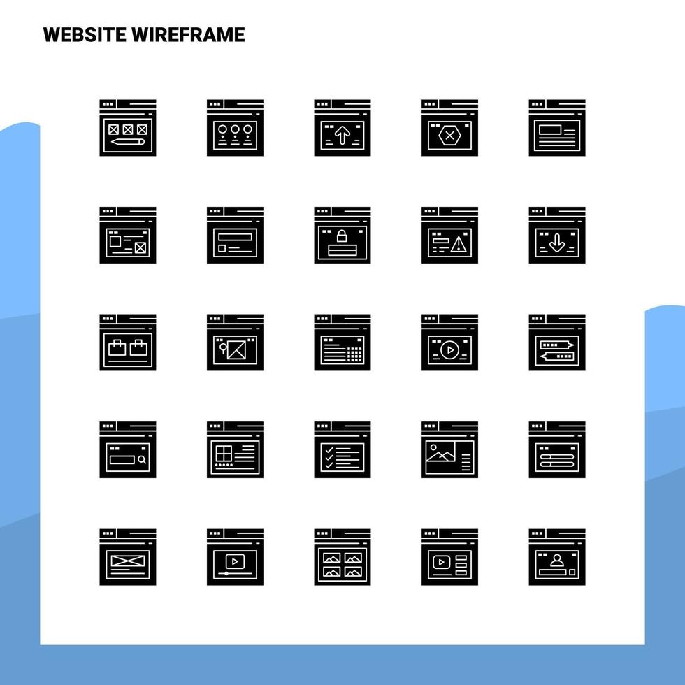 Conjunto de iconos de estructura alámbrica de 25 sitios web. plantilla de ilustración de vector de icono de glifo sólido para web y móvil. ideas para empresa de negocios.