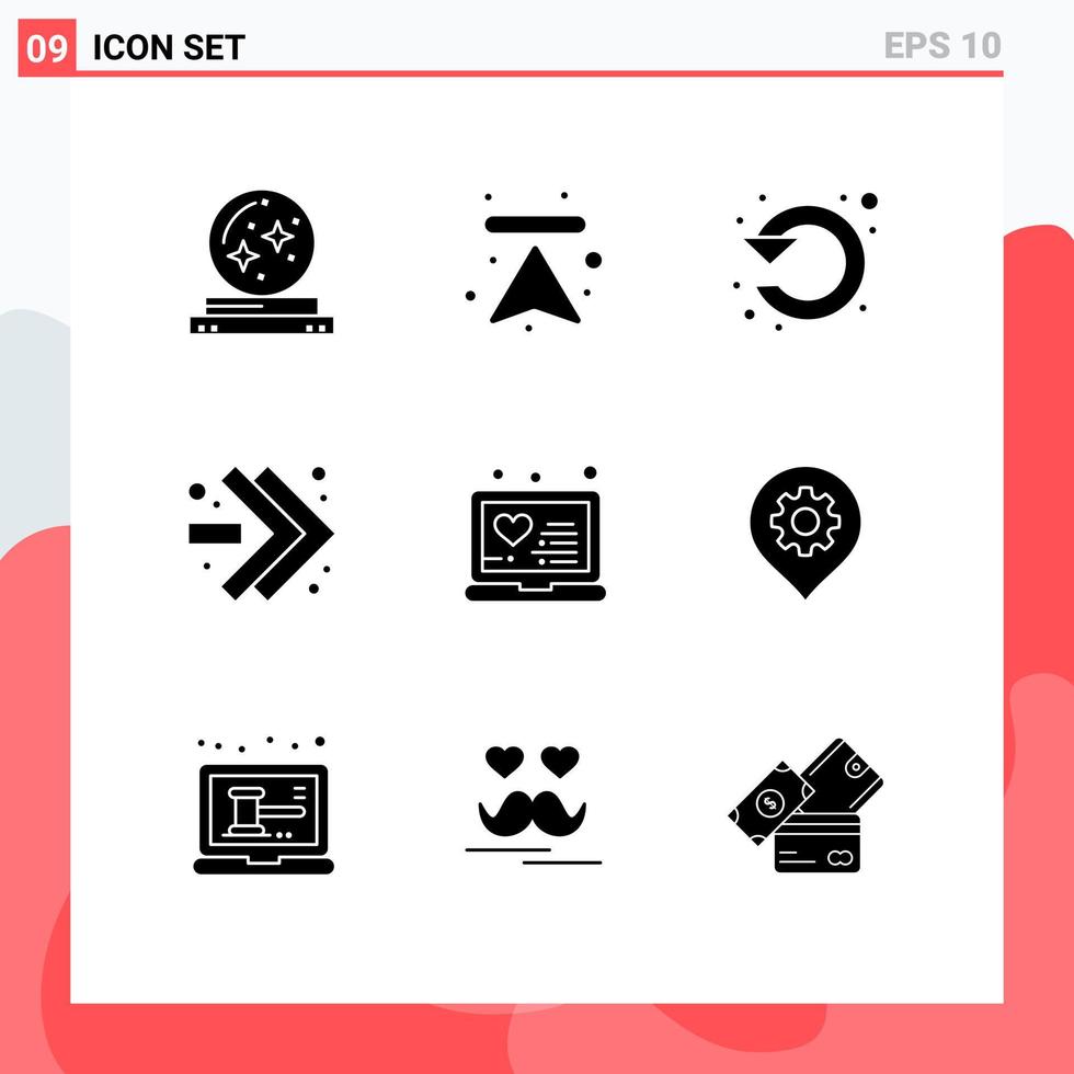Modern Set of 9 Solid Glyphs Pictograph of laptop fast forward upload arrows rotate Editable Vector Design Elements