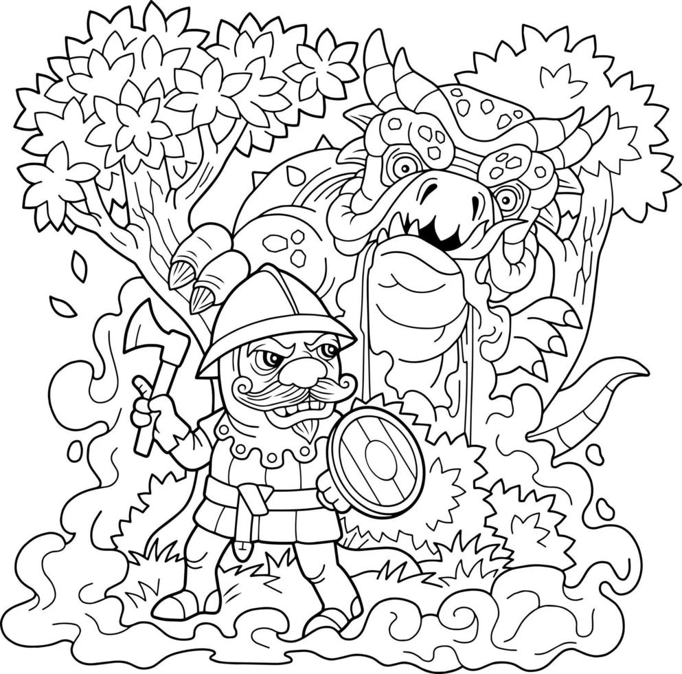 cartoon knight and dragon, coloring book, outline illustration vector