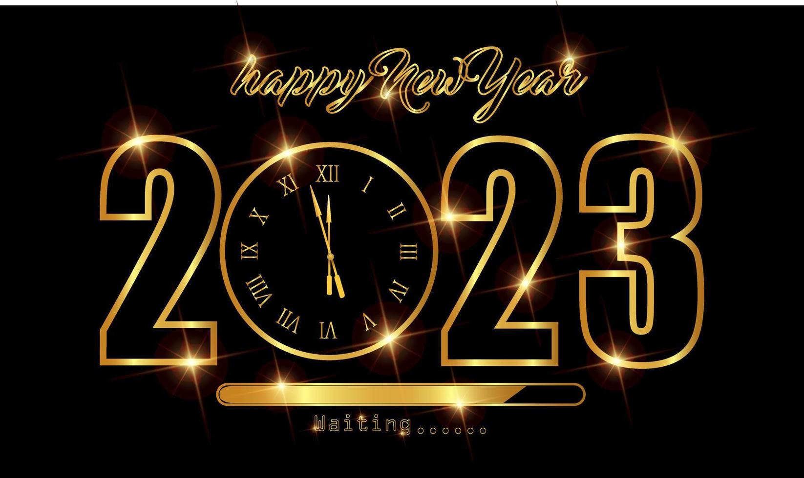 Happy New Year 2023. Gold colored number with shining ribbon and star decoration vector