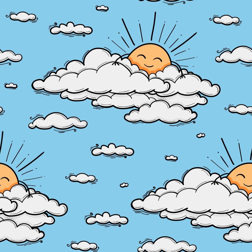 Cute cloud and sun seamless pattern vector background. Smiling sun kids illustration isolated on blue sky. Summer background. Funny design for kids and baby
