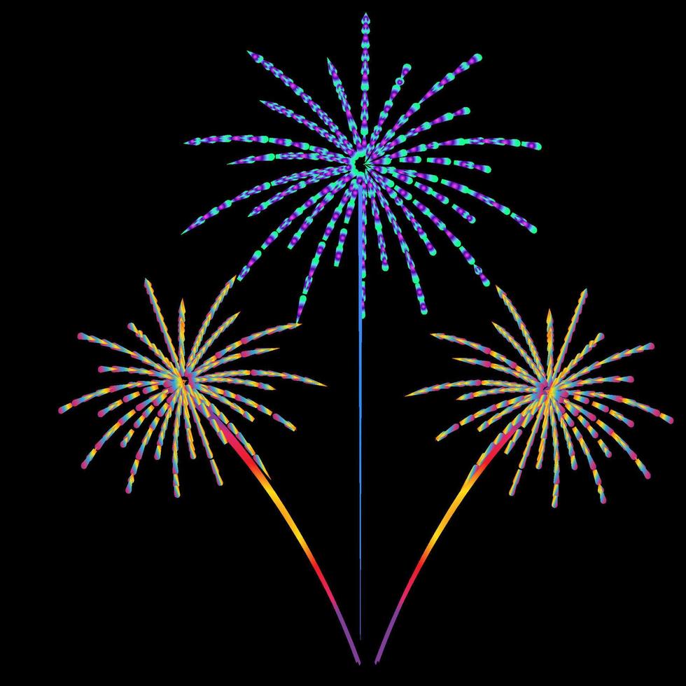 three exploding fireworks with sparks isolated on a dark black background on a new year's day night vector