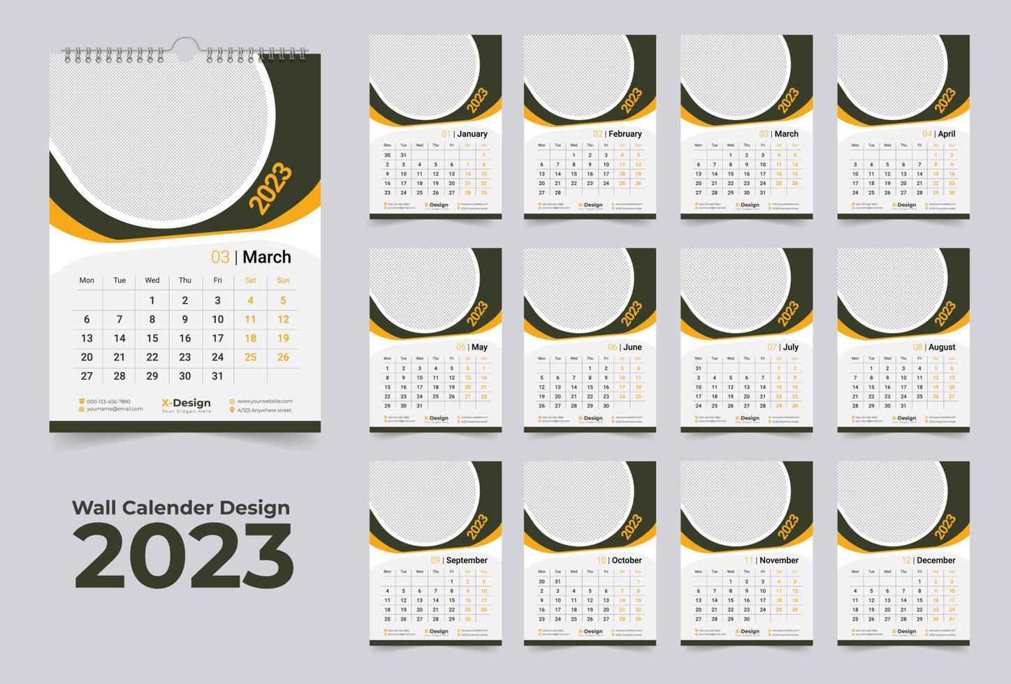 Plantilla de calendario 2023, calendario de pared mensual, calendario de pared de feliz año nuevo vector