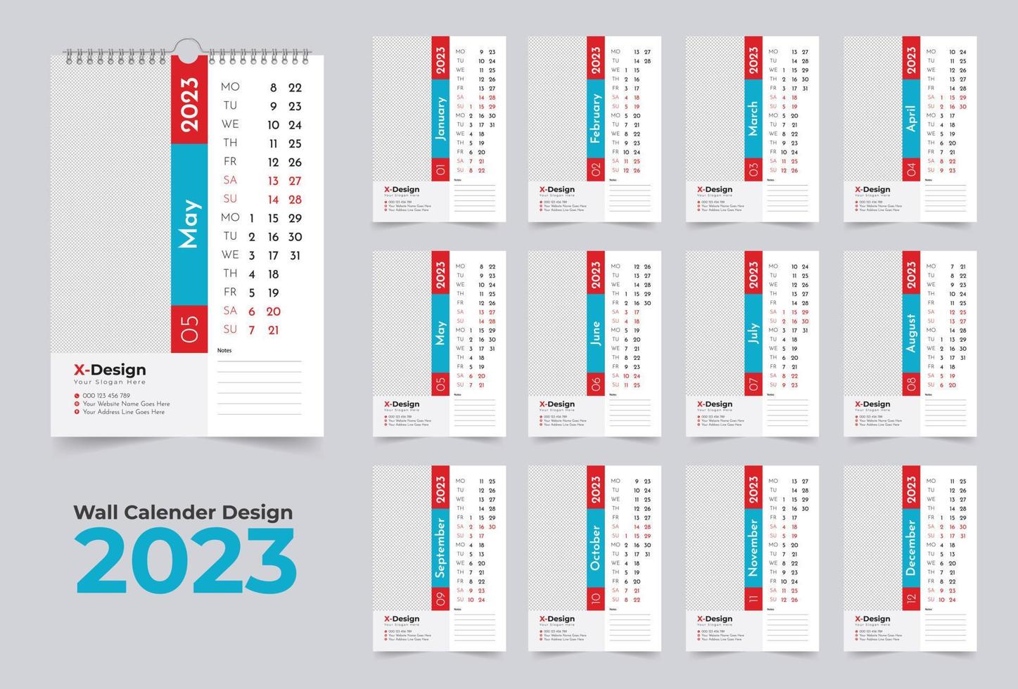 Plantilla de calendario 2023, calendario de pared mensual, calendario de pared de feliz año nuevo vector