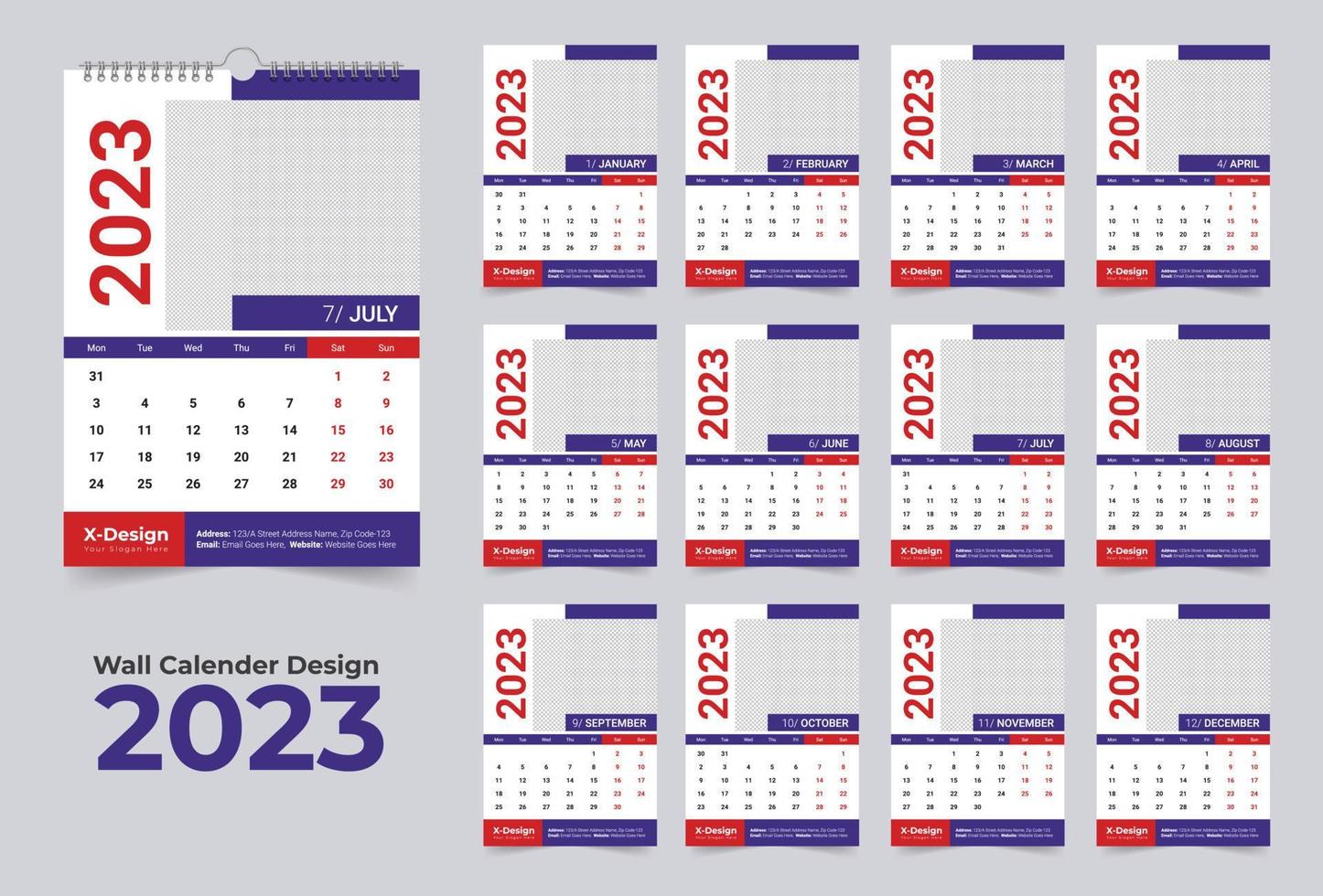 Plantilla de calendario 2023, calendario de pared mensual, calendario de pared de feliz año nuevo vector