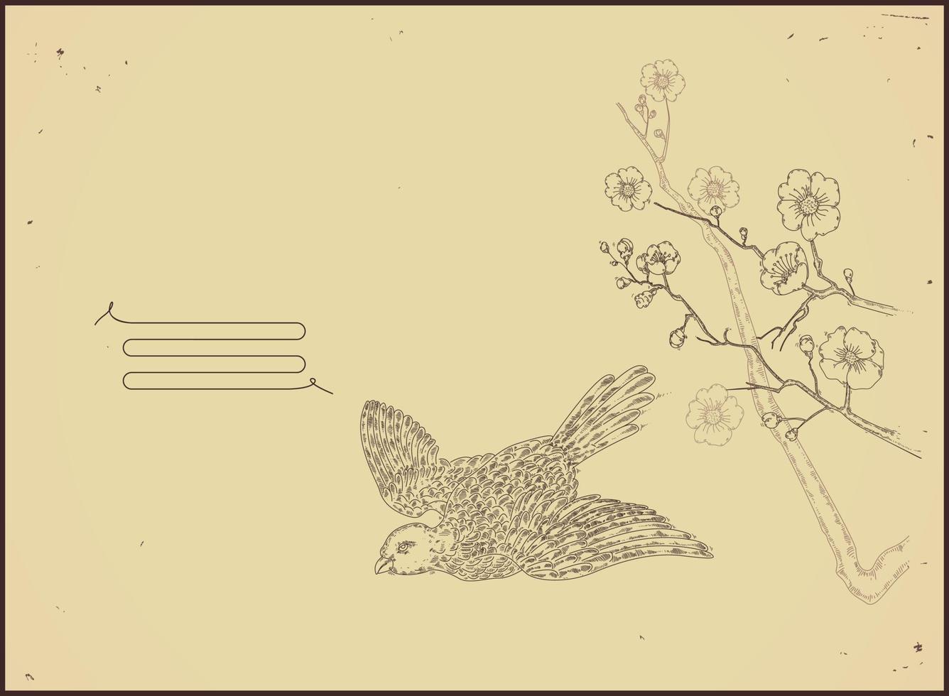 dibujo de línea vintage pájaro y flores vector