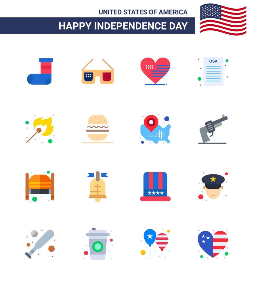 Editable Vector Line Pack of USA Day 16 Simple Flats of match camping heart democratic declaration Editable USA Day Vector Design Elements
