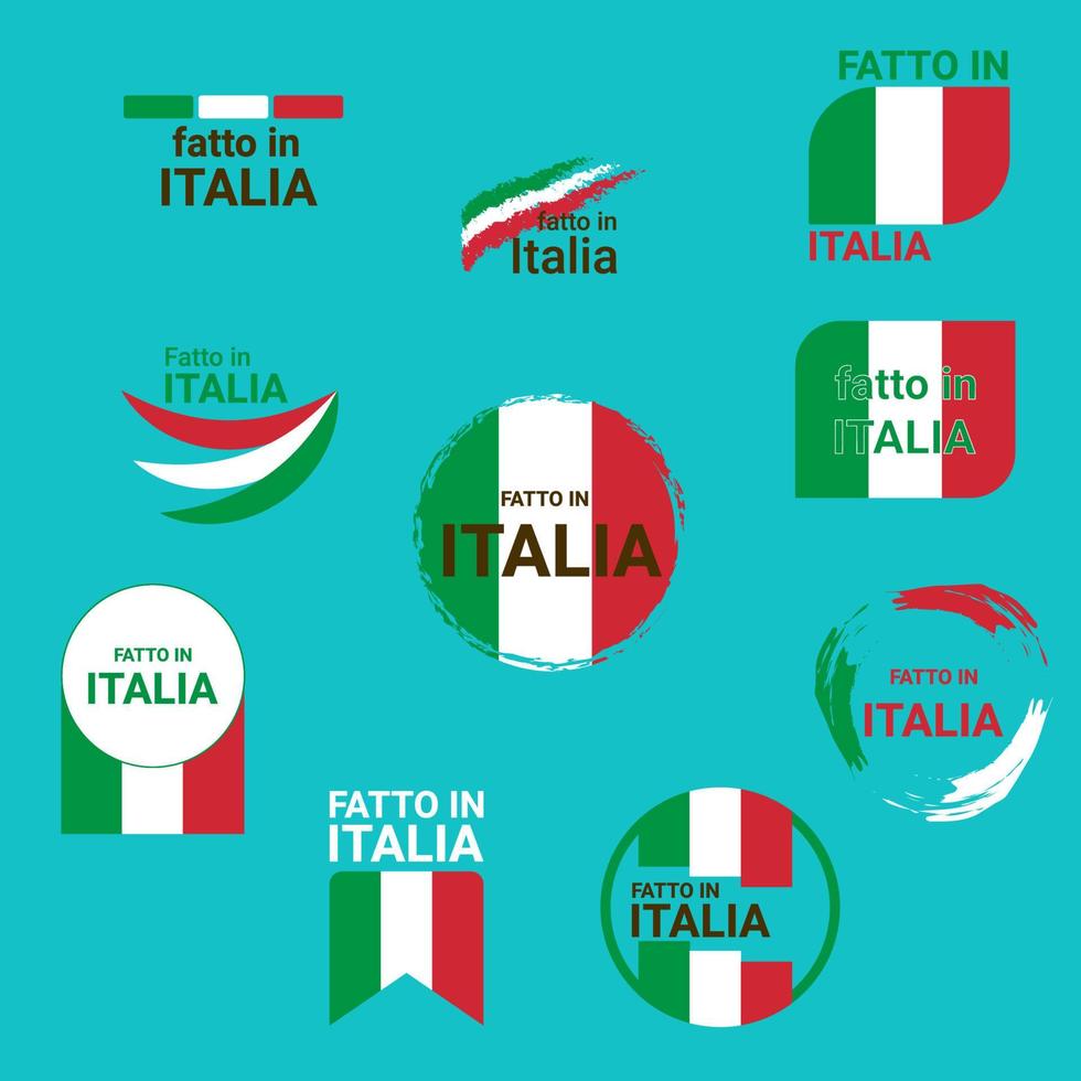 set di icone, striscioni, bottoni con testo fatto in italia e bandiera italiana vector