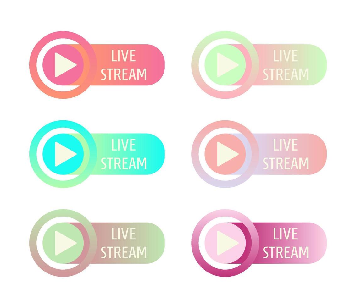 Set icons, stickers, buttons with text Live stream and play button in soft gradient colors vector